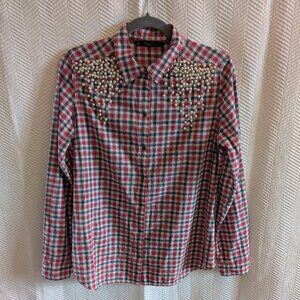 Zara Pearl Embellished Red Gingham Check Snap Front Western Collared Shirt Large